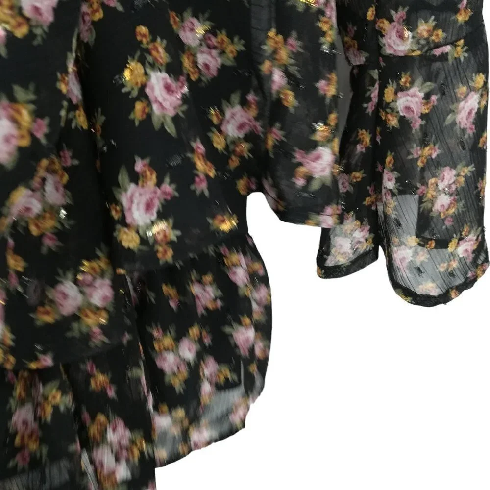 Altar'd State Floral Sheer Shorts Romper Size M Metallic Ruffle Bell Sleeve